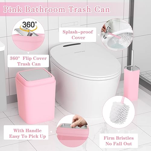 Miniatura 5 de Juego de accesorios de baño rosa, de plástico, con bandeja, dispensador de jabón, portacepillos de dientes, vaso, jabonera, cepillo para inodoro