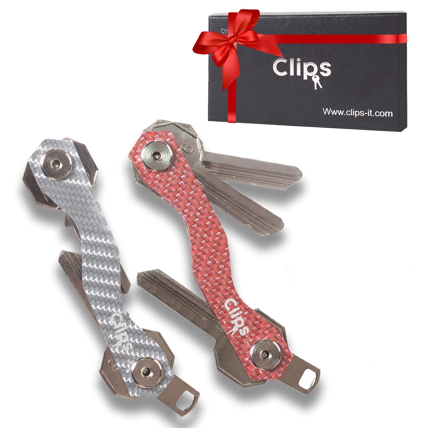 ClipsClips™ Smart Compact Key Holder Keychain - Made of Carbon Fiber & Stainless Steel- Pocket Organizer Up to 28 Keys- Lightweight, Strong Includes Bottle Opener, Carabiner & More (Red + Silver)
