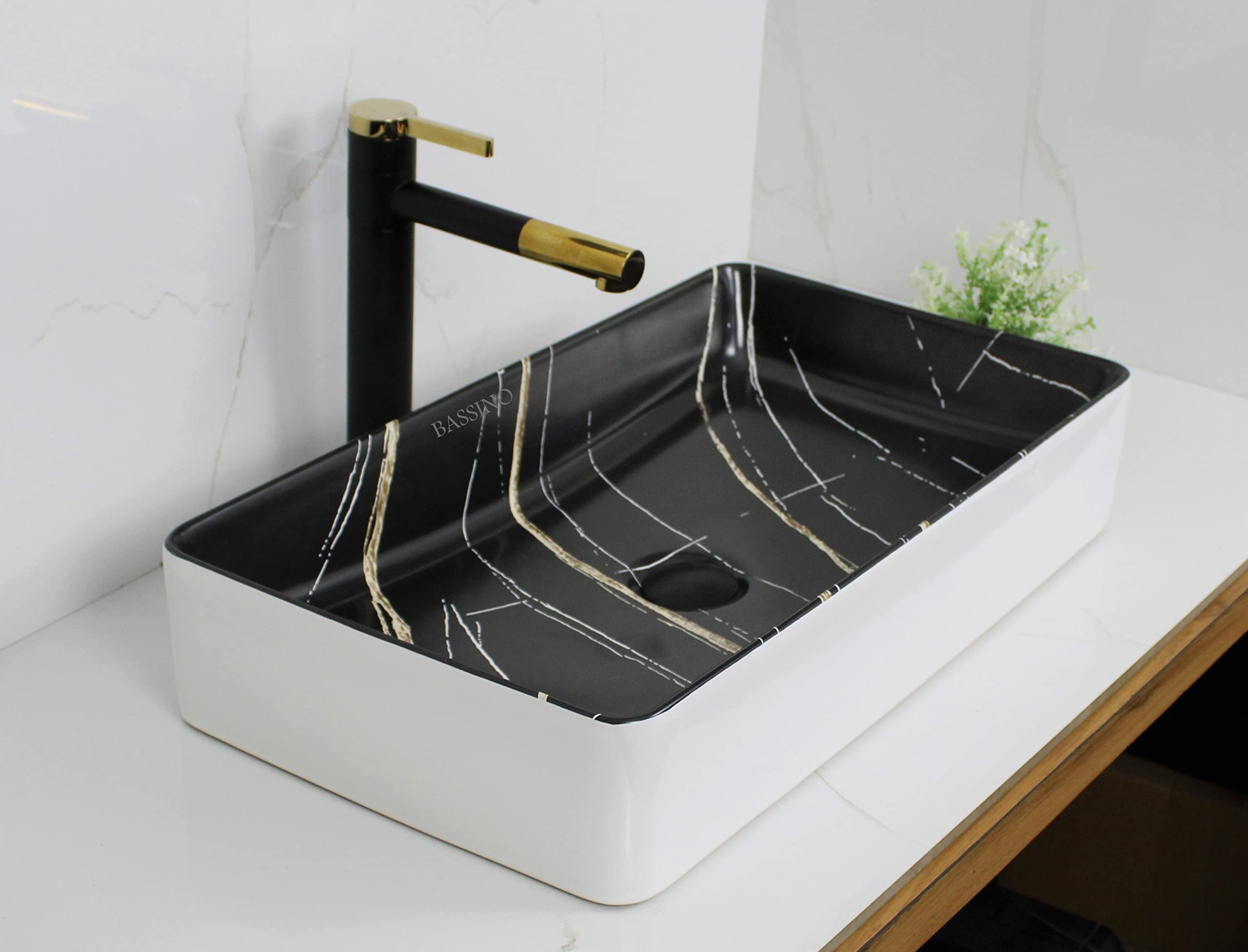 BASSINO Art Wash Basin Countertop, Tabletop Ceramic Bathroom Sink/Basin (600x350x110 mm) (BLACK WHITE)-BTT-1383 (B0BNQJC6BS) Amazon Price History, Amazon Price Tracker