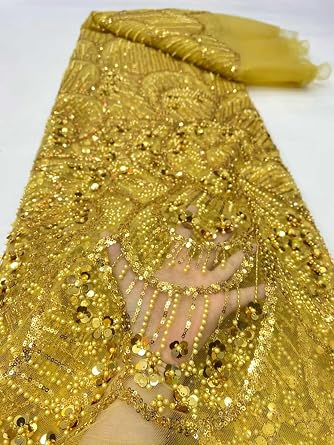 Premium African Lace Fabric Sparkling Sequin and Bead Designs Perfect for Bridal and Evening Gowns