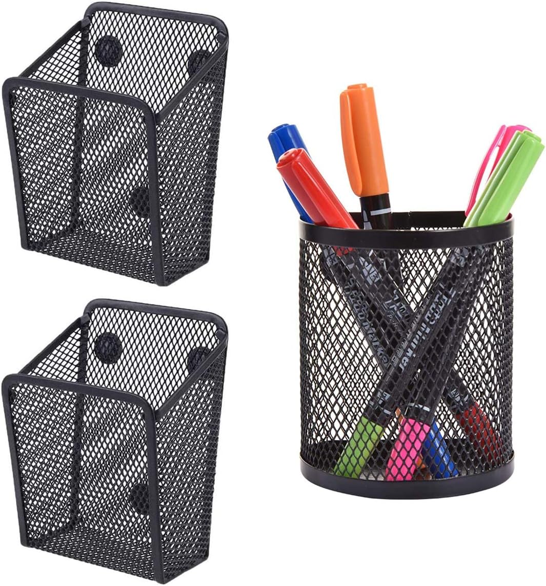 Magnetic Pen Holder,RoadLoo 3 Pack Black Mesh Storage Basket Metal Hanging Stationery with Magnets Strong Magnetic Whiteboard Pen Holder for Home Fridge Locker Accessories Office Supply Organizer