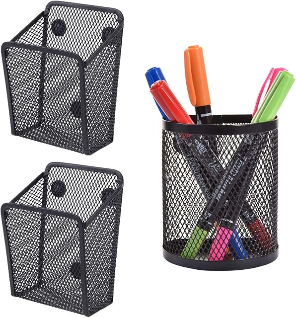 RoadLoo Magnetic Pen Holder, 3 Pack Black Mesh Storage Basket Metal Hanging Stationery with Magnets Strong Magnetic Whiteboard Pen Holder for Home Fridge Locker Accessories Office Supply Organizer