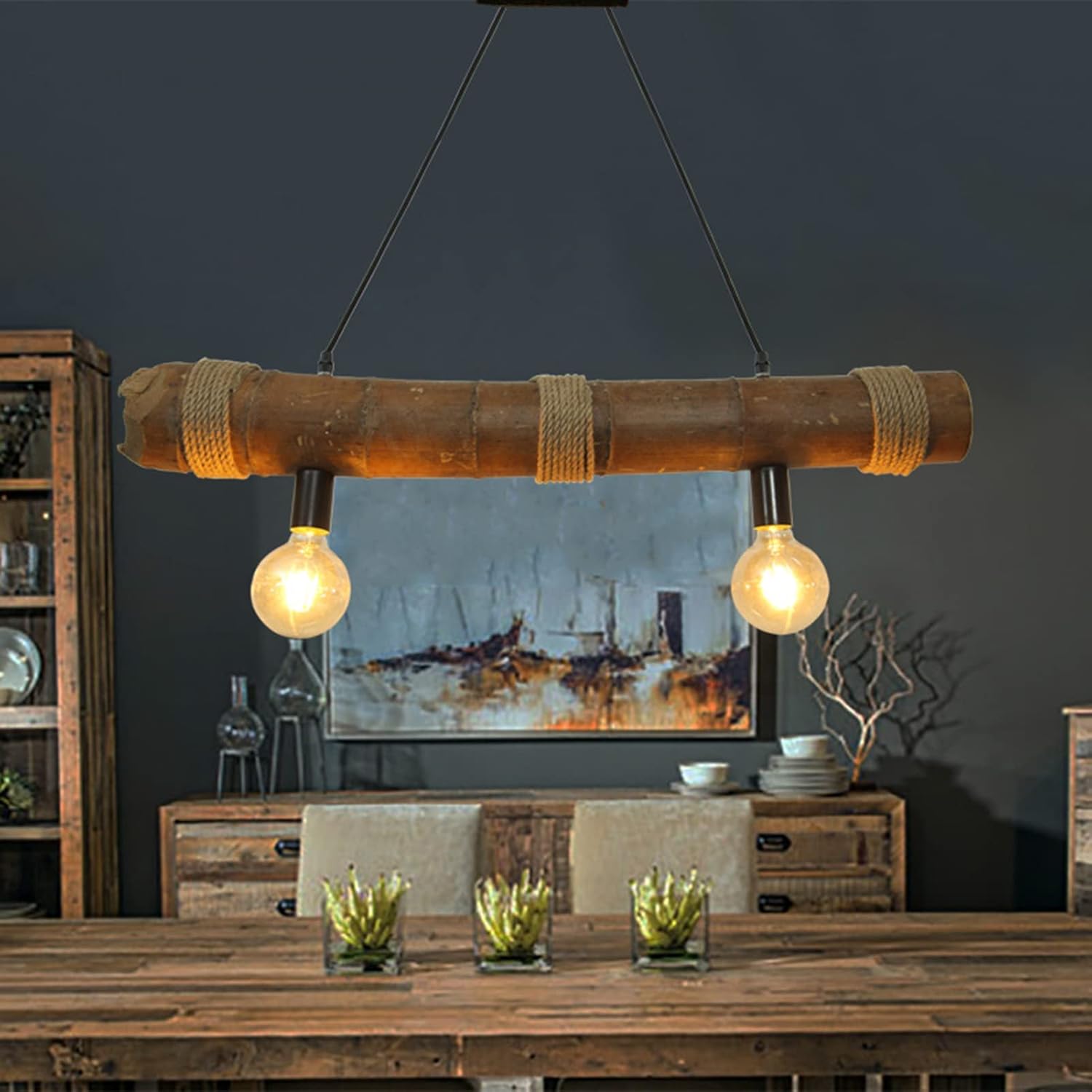 MARURY Adjustable Rattan Chandelier Hanging Light,Basket Lampshade Natural Wicker Rattan Hand-Woven Chandelier, for Kitchen Island Bedroom Dining Room Living Room Farmhouse Cafe Bar