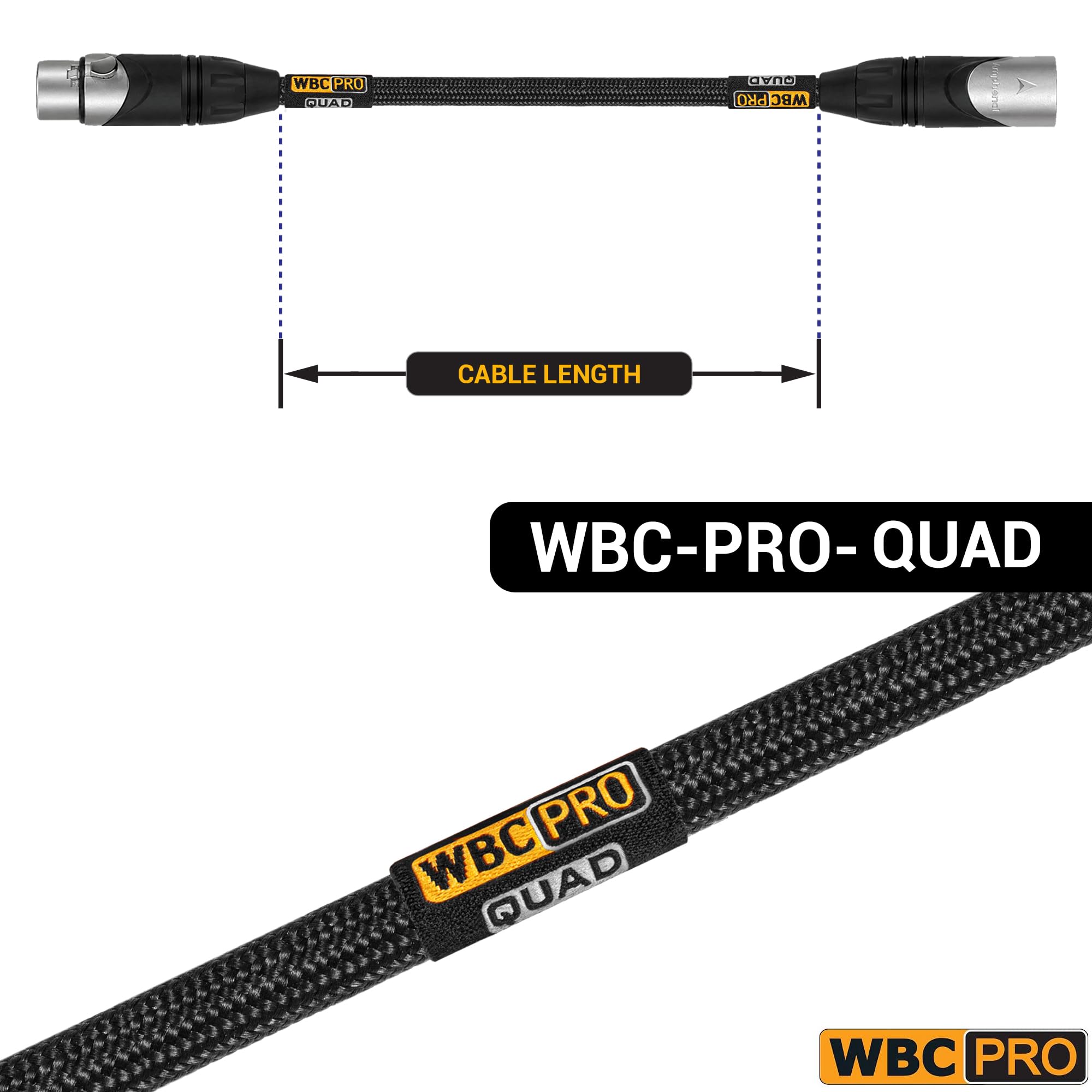 WBC-PRO-QUAD Lot de 2 câbles Star-Quad ultra silencieux et ultra-flexible avec prises XLR Amphenol mâle et femelle et gaine en tweed noir 90 cm