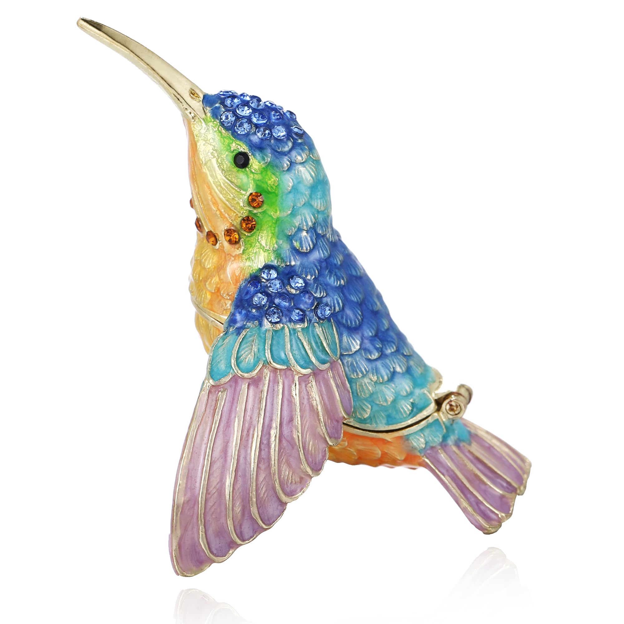Hand Painted Trinket Box for Home Decor Accents, Enamel Hinged Jewelry Box for Bookshelf Office Table Desk Decoration, Classical Figurine Collectible Keepsake Animal Sculptures (Hummingbird)