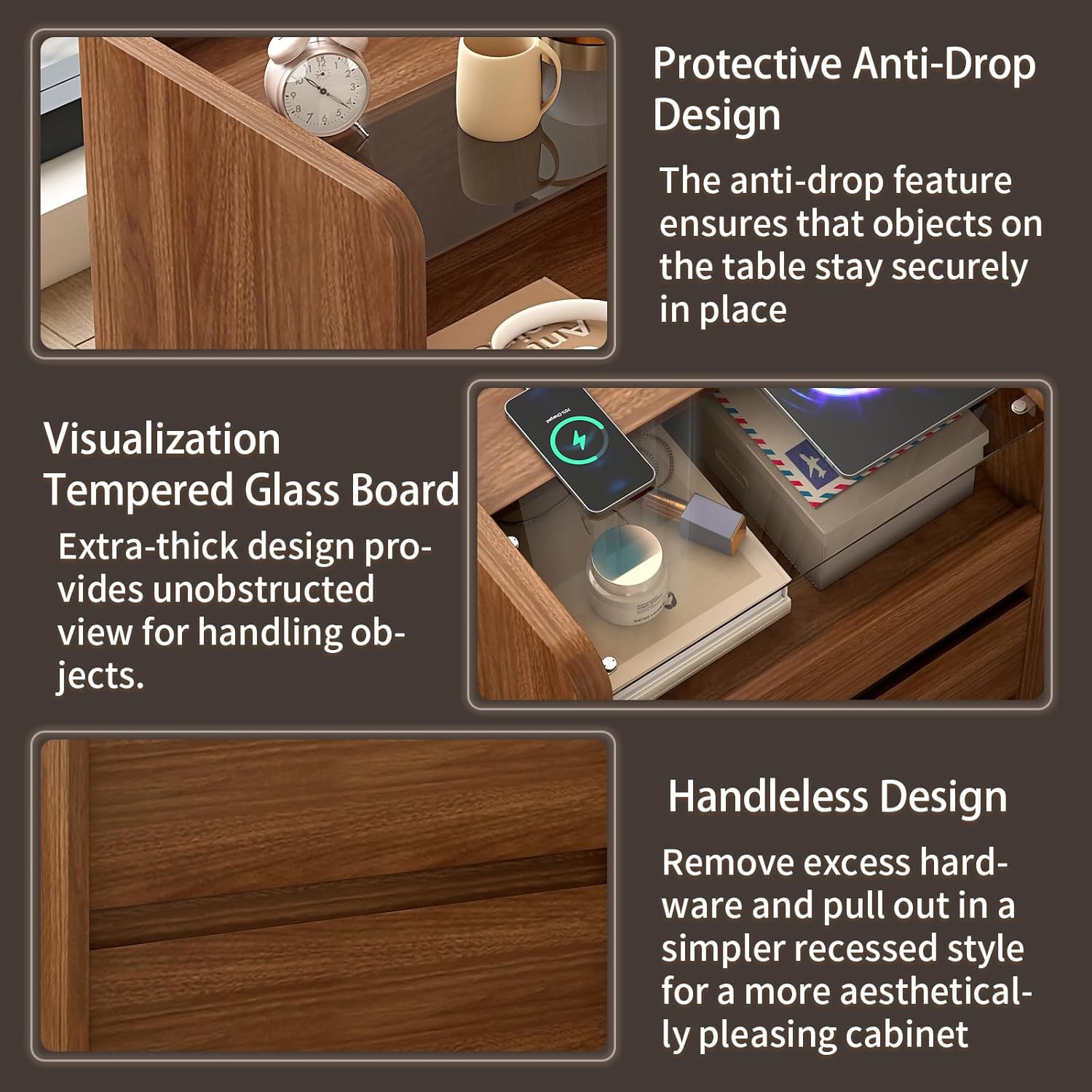 Walnut Nightstand with Charging Station, 20 Inch Wide Night Stand with Deep Drawer, Mid Century Bedroom Bedside End Table with Round Edge & Reinforced Panel Design for Dorm, Sofa, Office