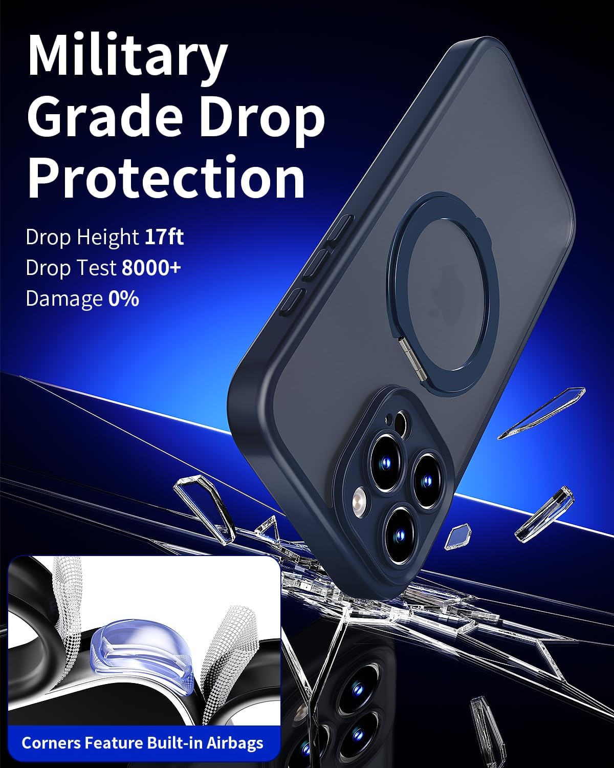 for iPhone 16 Pro Max Case Upgraded 360° Spin Magnetic Stand, Compatible with Magsafe, Military Protection, Full Camera Protection, Translucent Matte Phone Case for iPhone 16 Pro Max, Blue