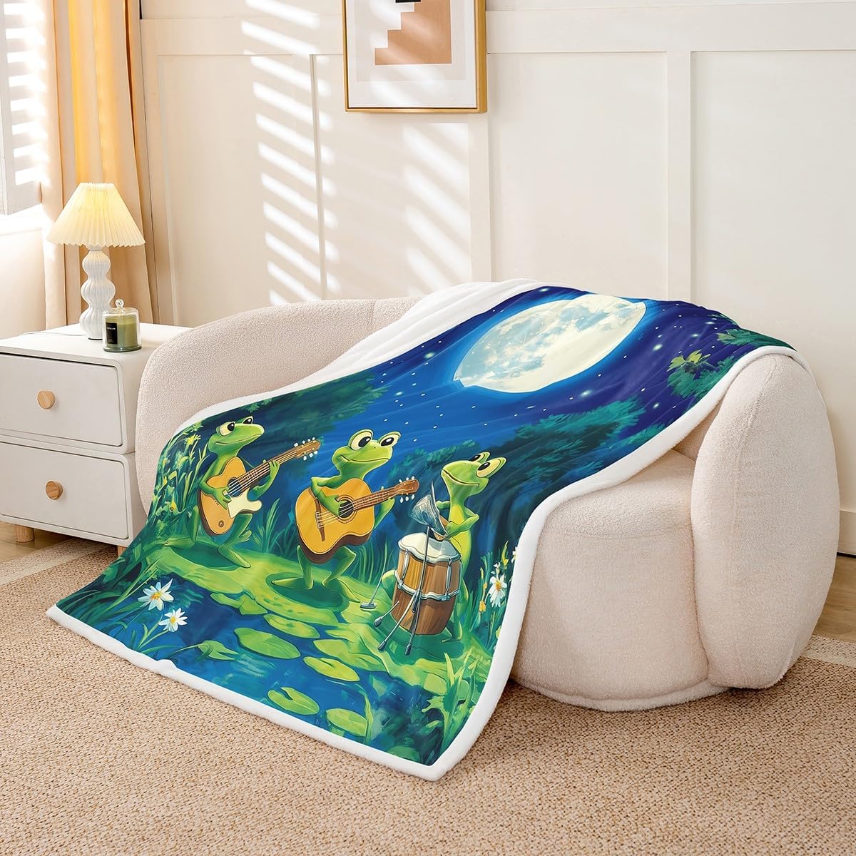 Funny Cartoon Frog Blanket Queen 90x90 Musical Guitar Drum Kit Blanket for Kids Teens Boys Girls Dreamy Jungle Night Sherpa Blanket Pond Lotus Leaves Bed Blanket Sofa Bed Couch Decor