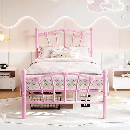 GarveeHome Marco de cama tamaño individual XL, marco de cama de metal en forma de corazón con cabecera y estribo, marco de cama de plataforma con