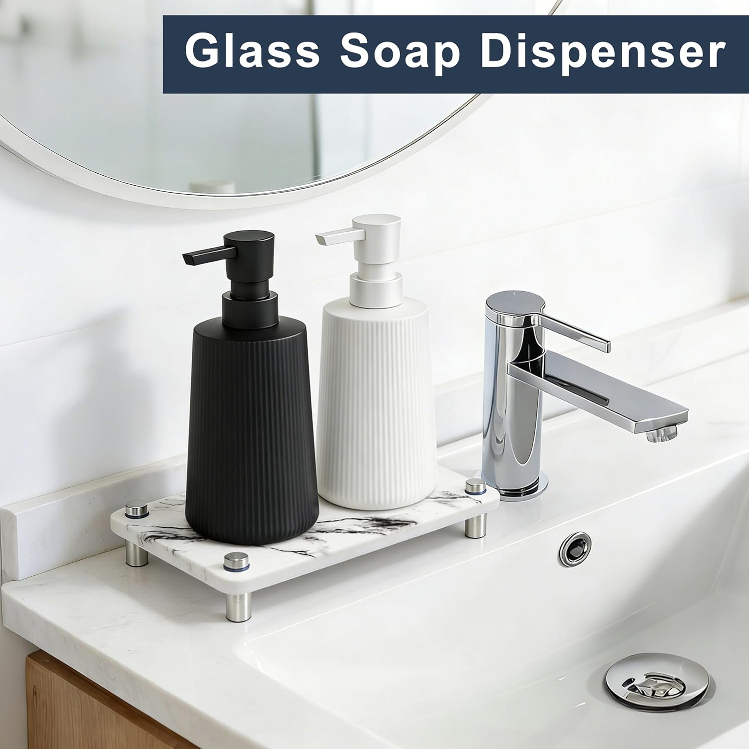 Dish Soap Dispenser with Pump, 22 Oz Refillable Hand Soap Dispenser Set for Bathroom & Kitchen Décor, Modern Farmhouse Striped Glass with Non-Slip Instant Dry Base, White/Black