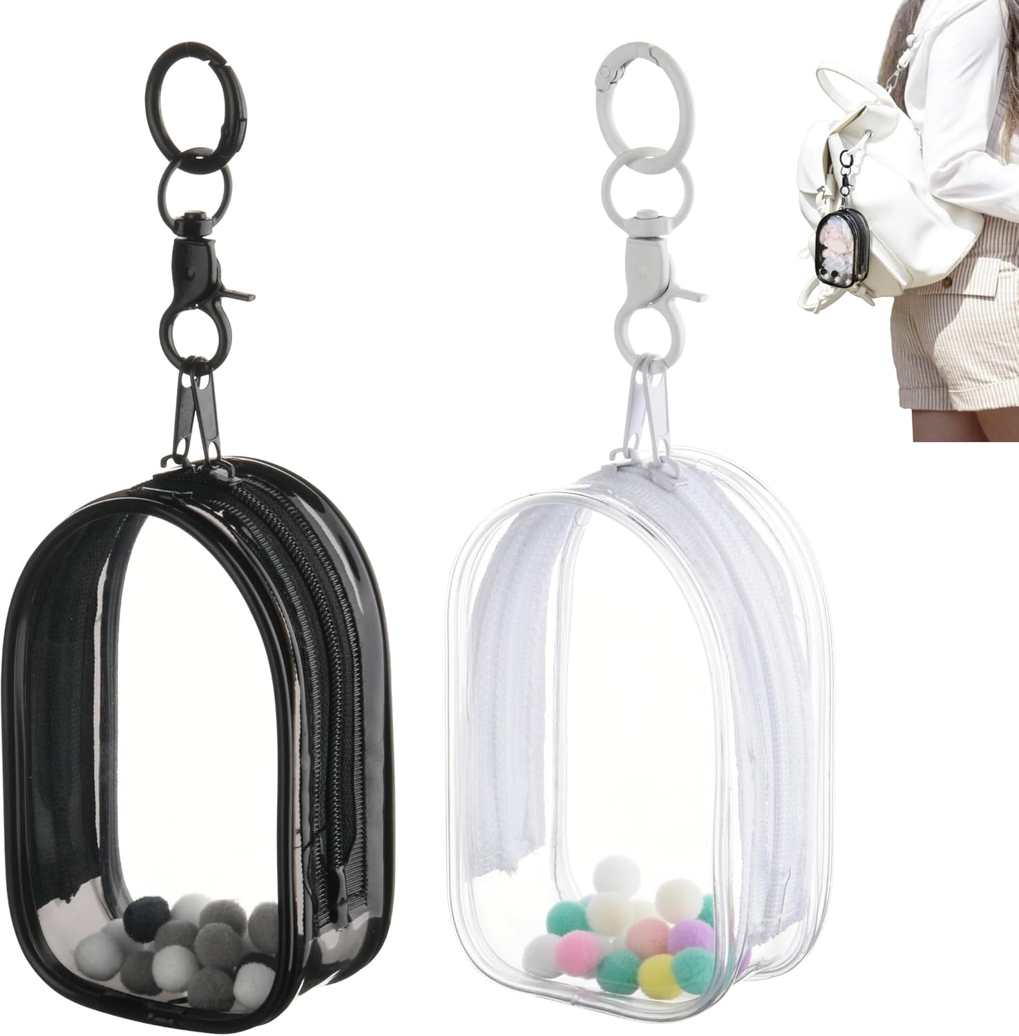 2 Pcs Figure Display Bag Doll Hanging Case Protective Storage Carrying Holder for Blind Box Figure Doll Collectibles - Dual Zipper & Waterproof Thicken Cover with Pompoms & Keychain (Large - 7" H)