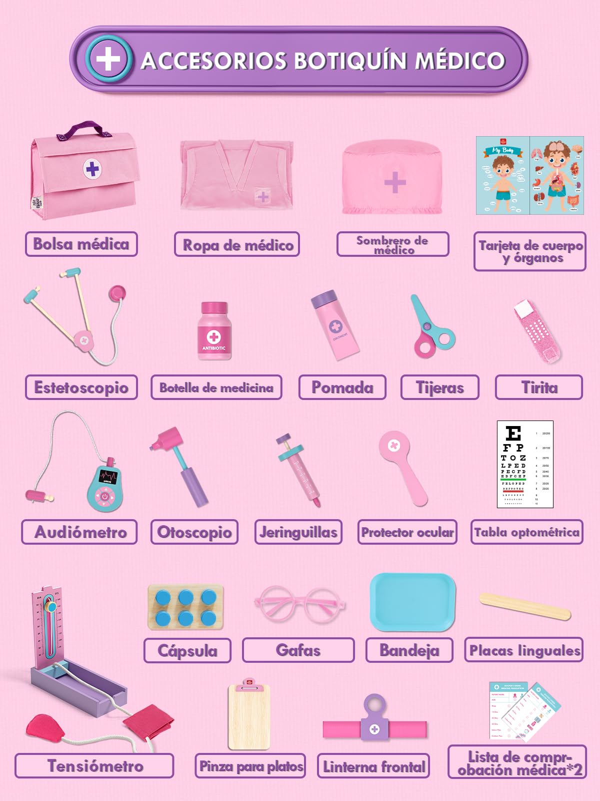 Lehoo Castle Maletin Medicos Juguete de Madera, Juguetes para Niña 3+ Años, Kit Medico Infantil, Doctora Juguetes, Regalos Niña 5 Años(Rosa)