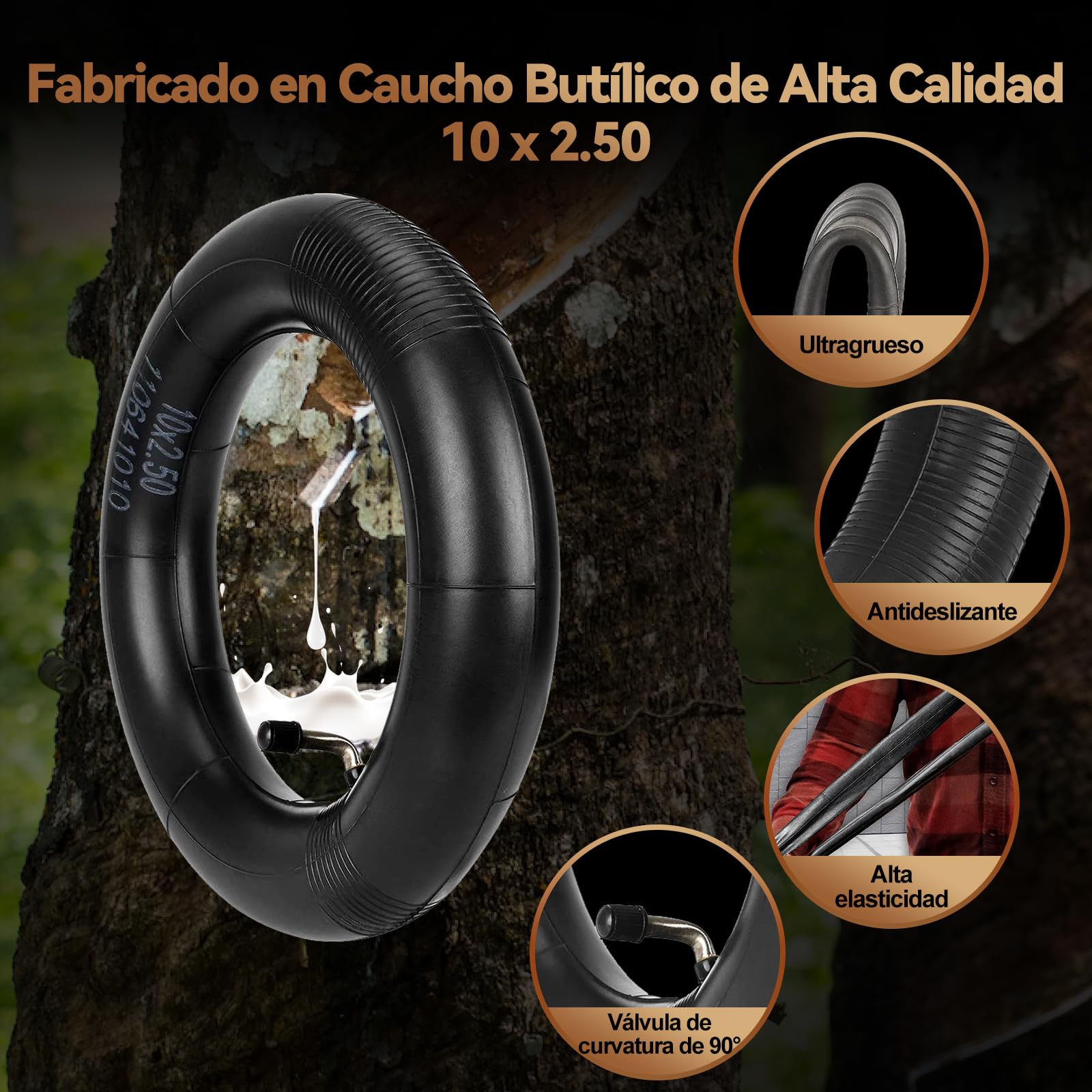Cámara de Aire Patinete Eléctrico 10 Pulgadas 10x2,50 2MM Engrosada 90° Válvula de Curvatura 60/70-6,5 Neumático Ninebot MAX G30 G30P G30LP