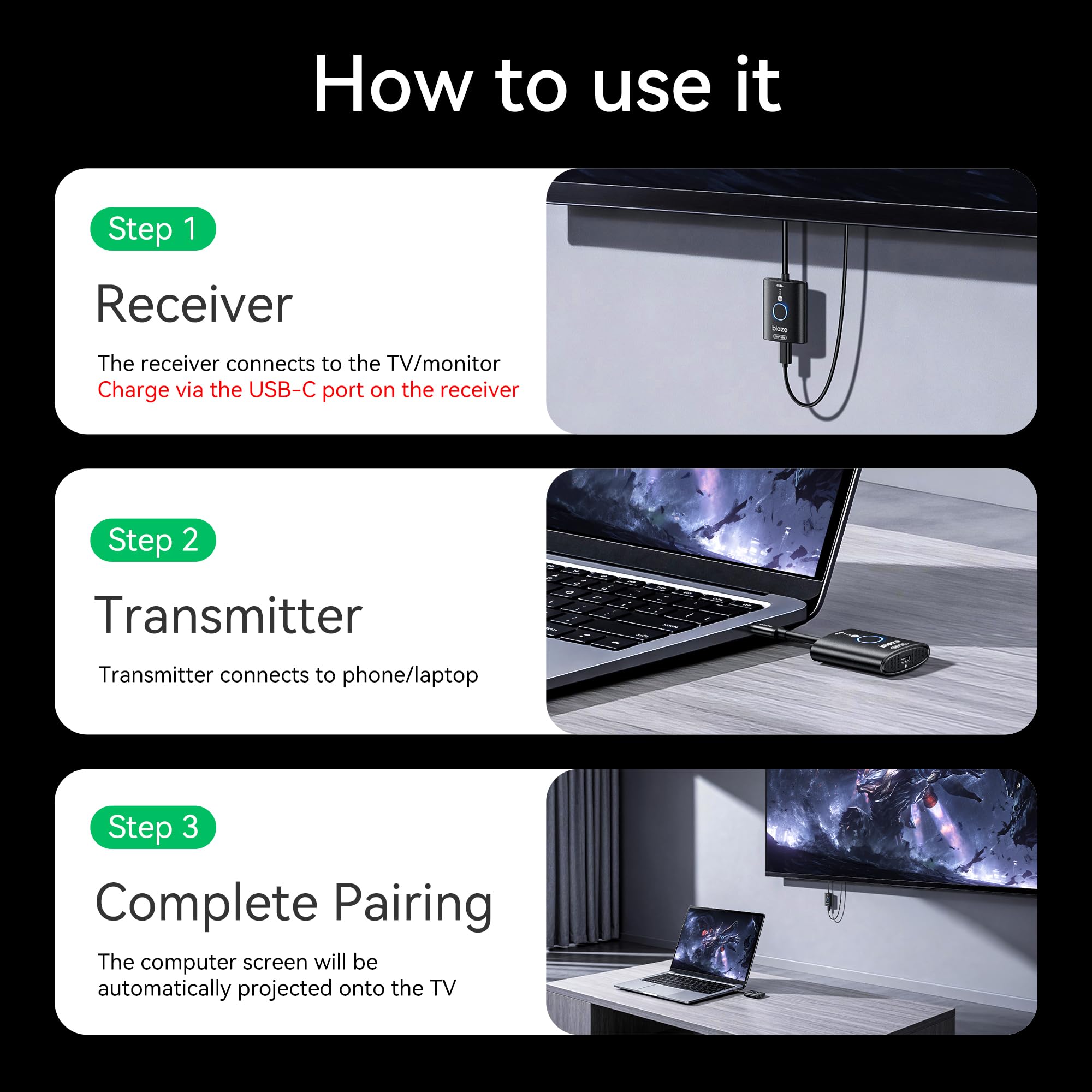 biaze ワイヤレスHDMI送受信機 （USB-C入力、1080P@60Hz） Amazon.com: biaze USB C Wireless HDMI Transmitter and Receiver
