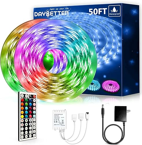 DAYBETTER Tiras de luz LED impermeables, tira de luces LED para exteriores de 50 pies (3 rollos de 16.4 pies), tira de luces LED 5050 RGB que