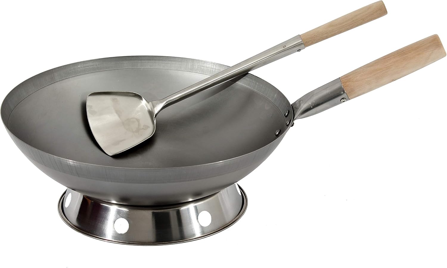 AAF Nommel ® Ensemble Wok 40cm Acier Carbone + Louche Inox 44cm Manche Bois - Idéal Gaz, Induction & Barbecue