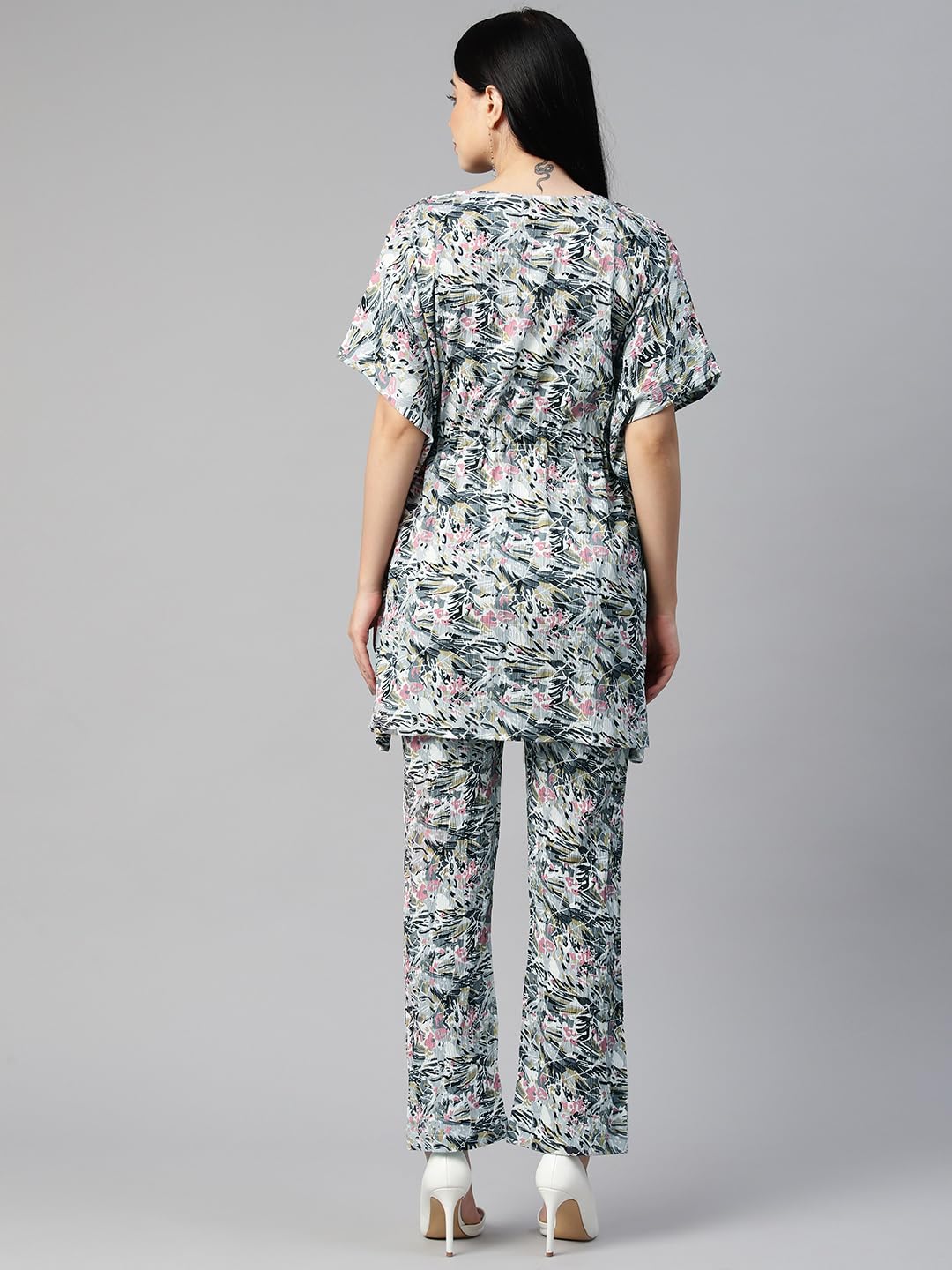 Cottinfab Women Abstract Printed Grey & Pink Drawstring Kaftan Co-ord 3
