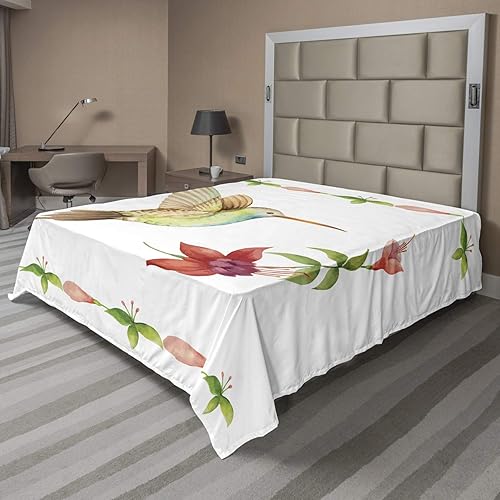 Ambesonne Sábana encimera de colibrí, colibrí volando sobre un tallo de flor fucsia, impresión artística de acuarela, suave y cómoda, ropa de cama