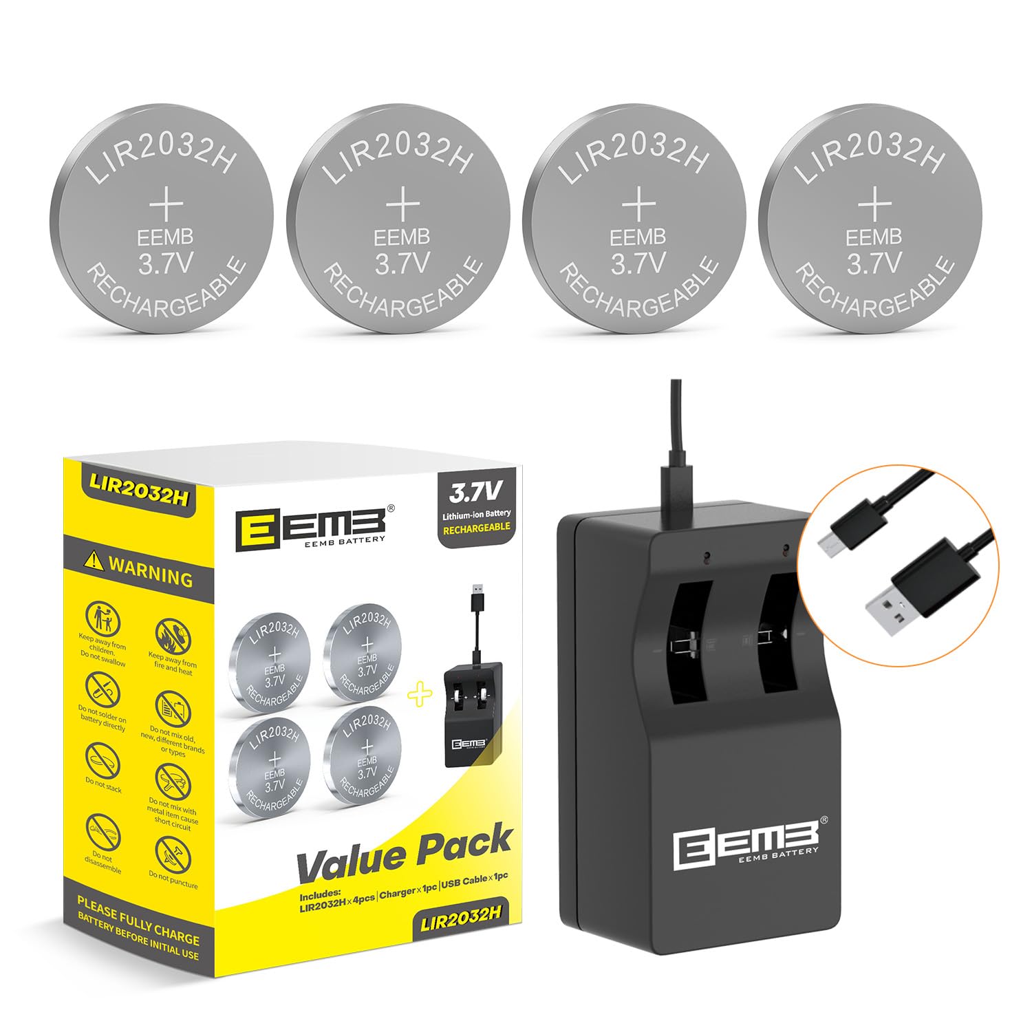 EEMB 3.7V Rechargeable 2032 Batteries LIR2032H 70mA Lithium-ion Coin Cell Button Batteriy Charger for Car Remote Key Fob Watch - 4PACK