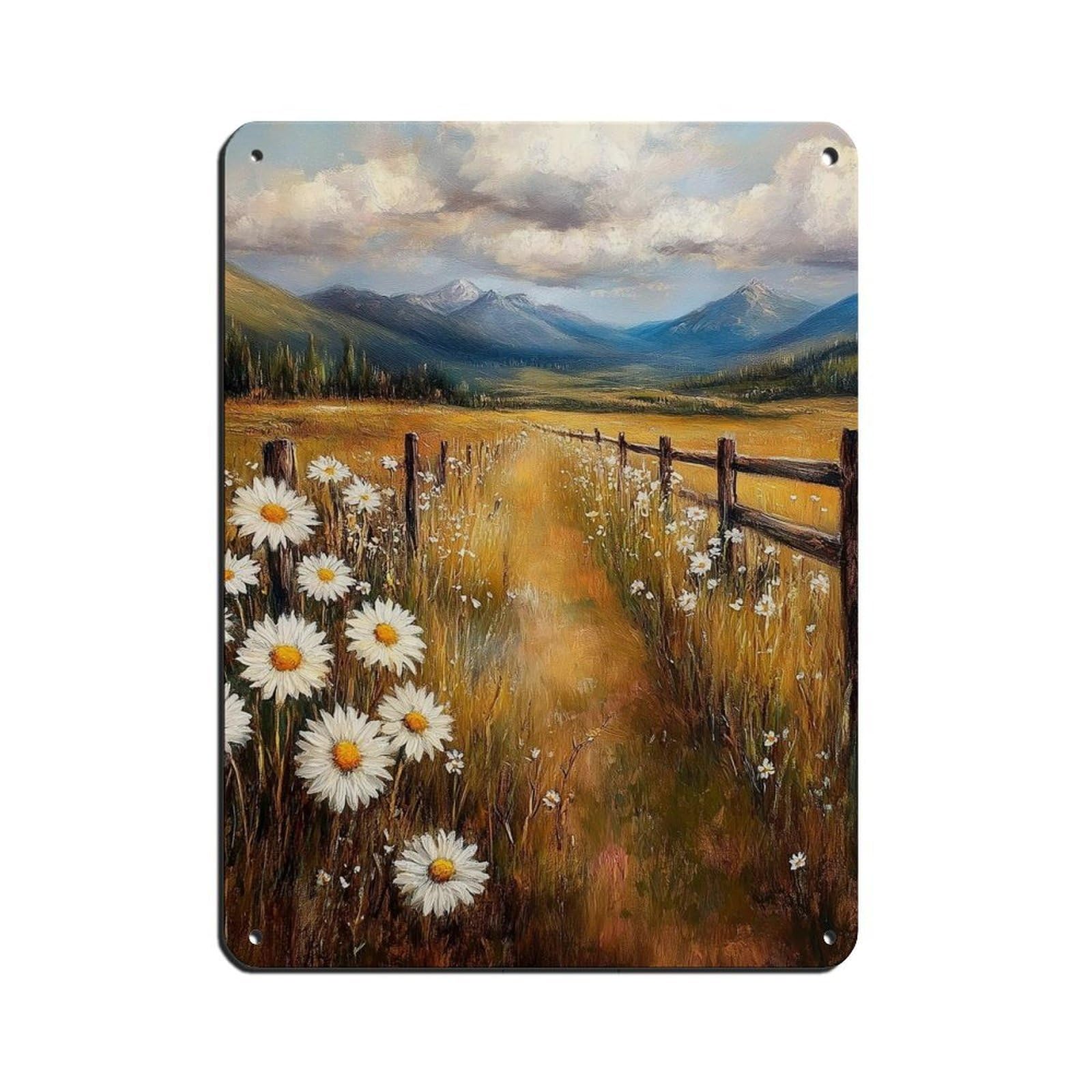 Rustic Meadow Landscape Poster, Wild Daisies Tin Sign Vintage Metal Pub Club Cafe Bar Home Wall Art Decoration Poster Retro 12x16inch(30x40cm)