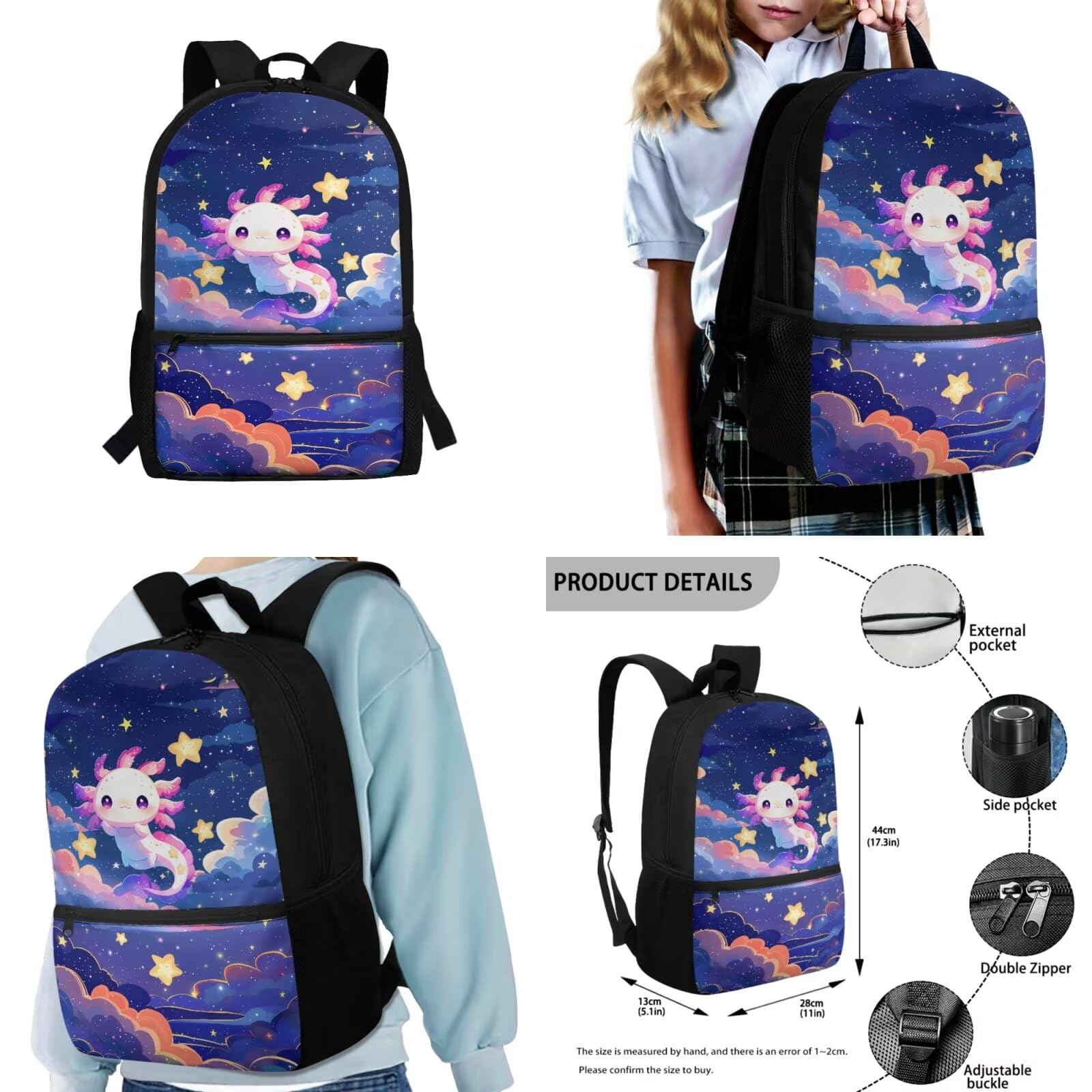 HUGS IDEA Zaino carino per ragazze 4 in 1 borsa per libri scolastici per scuola elementare media 43 cm