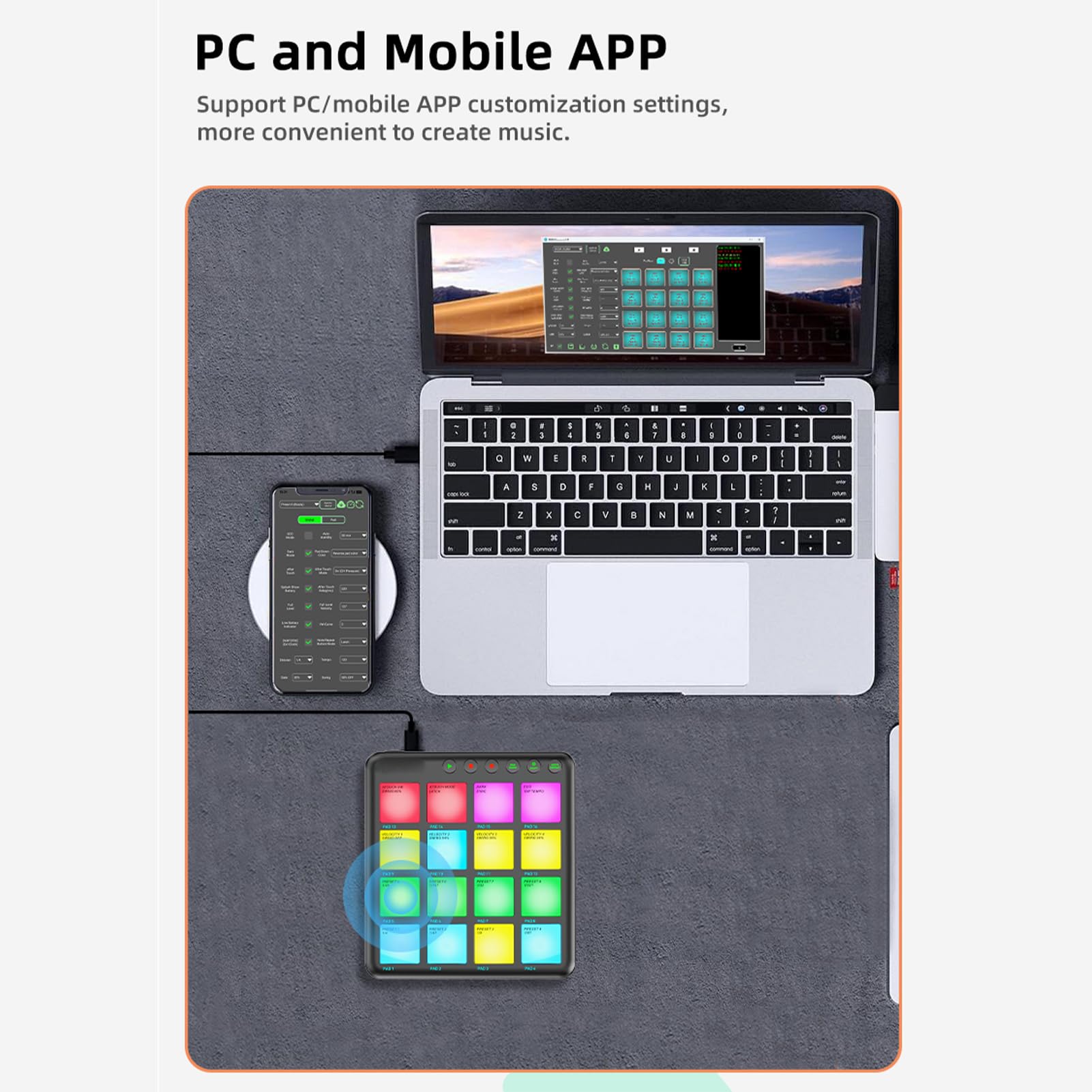 Btuty Dynamischer RGB-Pad-BT-MIDI-Controller mit 16 Tasten, Wiederaufladbar, Tragbar, Musikproduktion, Performance-Szene (Schwarz)