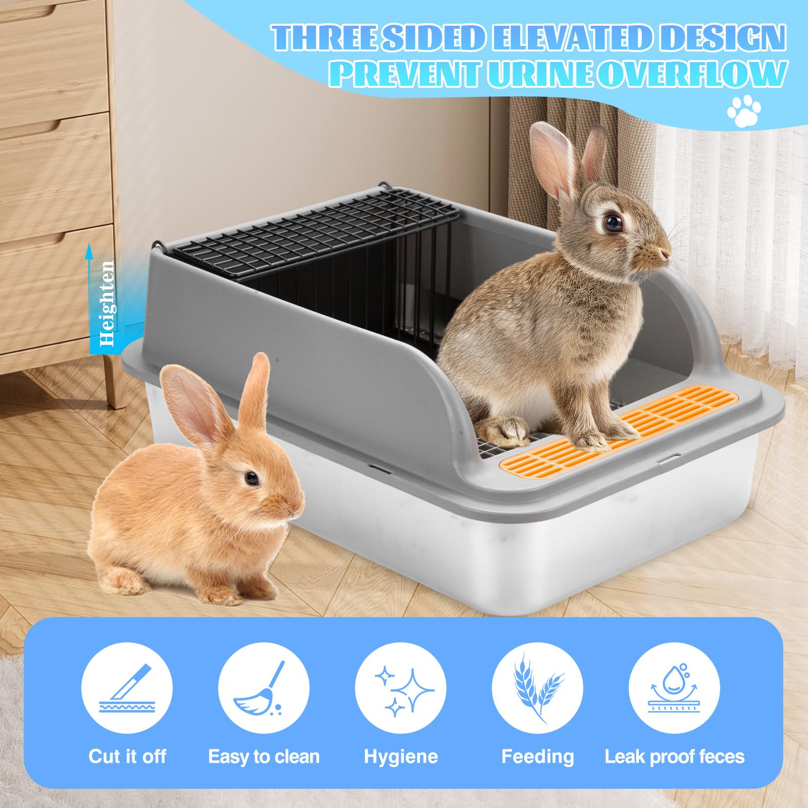 Stainless Steel Rabbit Litter Box w Hay Feeder and Litter Scoop, 19.7 x 13.8 x 7.9 Inch Large Litterboxes w Raised Grid, High Sided Kiter Box for Bunny, Guinea Pig, Ferret, Small Snimal, Hamster - image 3