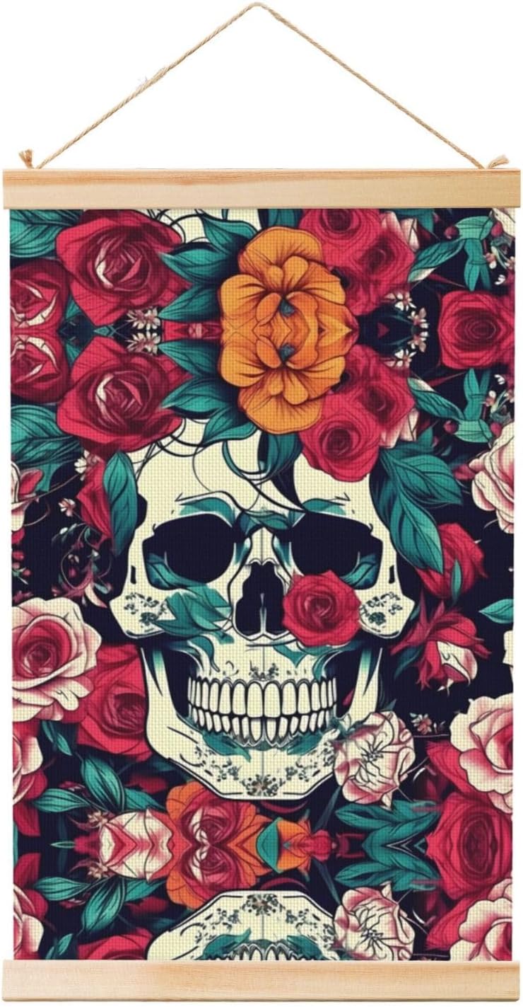 Flowers Skull Ornamental Print Poster Hanger,Hanging Poster, Poster Frame,Wood Poster Hanger, For Wall Hanging