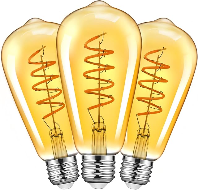 Edison Light Bulbs 3 Pack, TopLeder Dimmable Vintage E27 Screw Bulb, 4W 350LM 2700K Warm White Spiral Flexible LED Filament, ST64 Amber Glass Antique Warm Glow Decorative Bulb