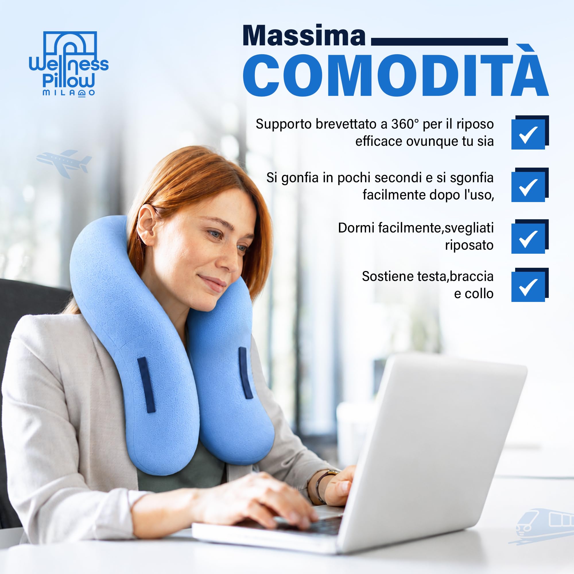 Cuscino da Viaggio, Cuscino Gonfiabile con Supporto Cervicale 3D, Cuscino Aereo Traspirante e Compatto, Design Anti Caduta della Testa, Facile da Gonfiare e Trasportare