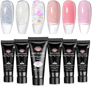 MEET ACROSS Poly Nail Gel Set, 6 Colors Pink Clear Glitter Poly Extension Gel for Nail Spring Summer Sequins Builder Nail Gel Trendy Nail Art Design Manicure DIY Home Salon