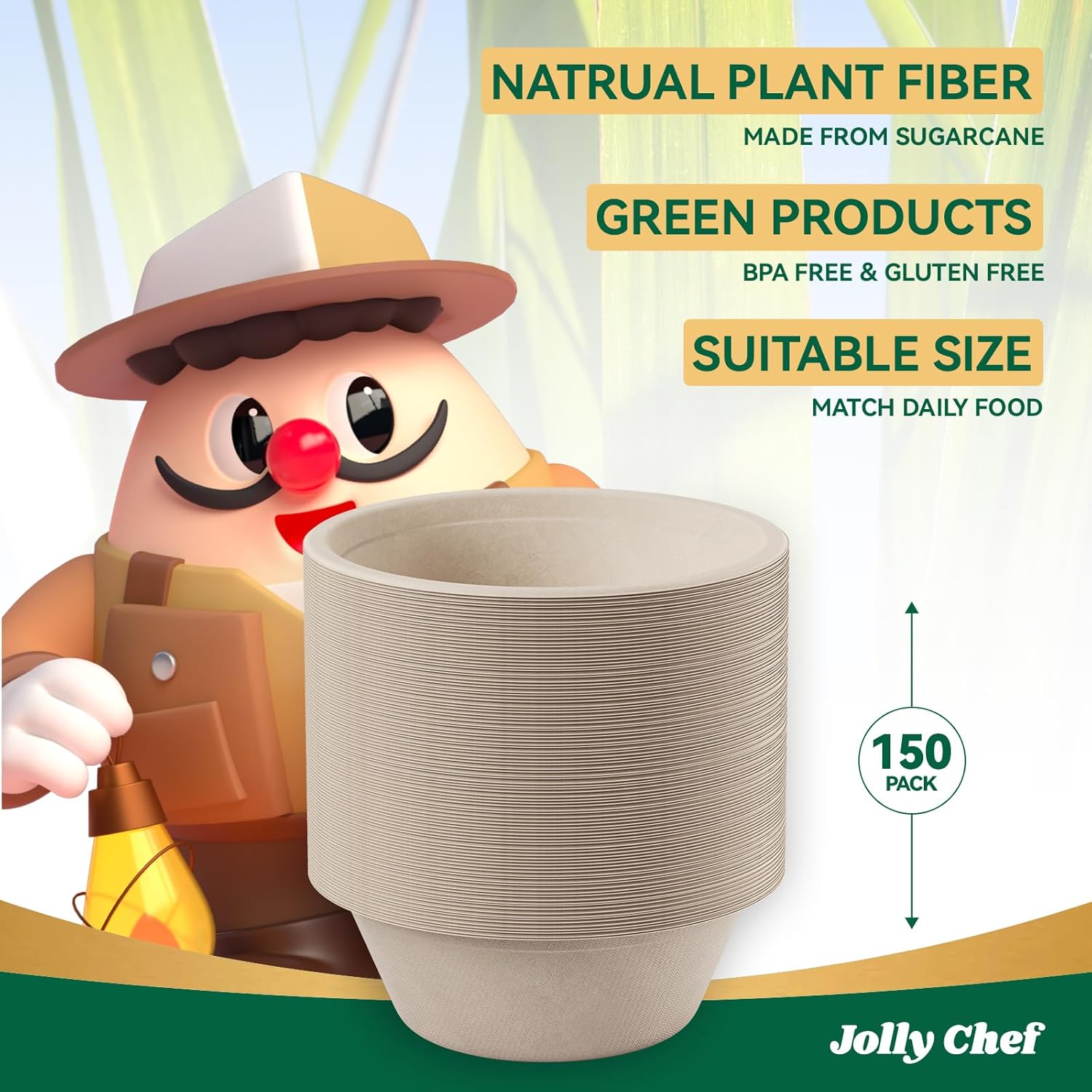 JOLLY CHEF Compostable Disposable Paper Bowls [16 oz] Heavy Duty Soup Uncoated Containers [150 Pack] Biodegradable Bagasse Hot Cold Eco-Friendly Natural Sugarcane Microwavable for Dessert Christmas - Image 7