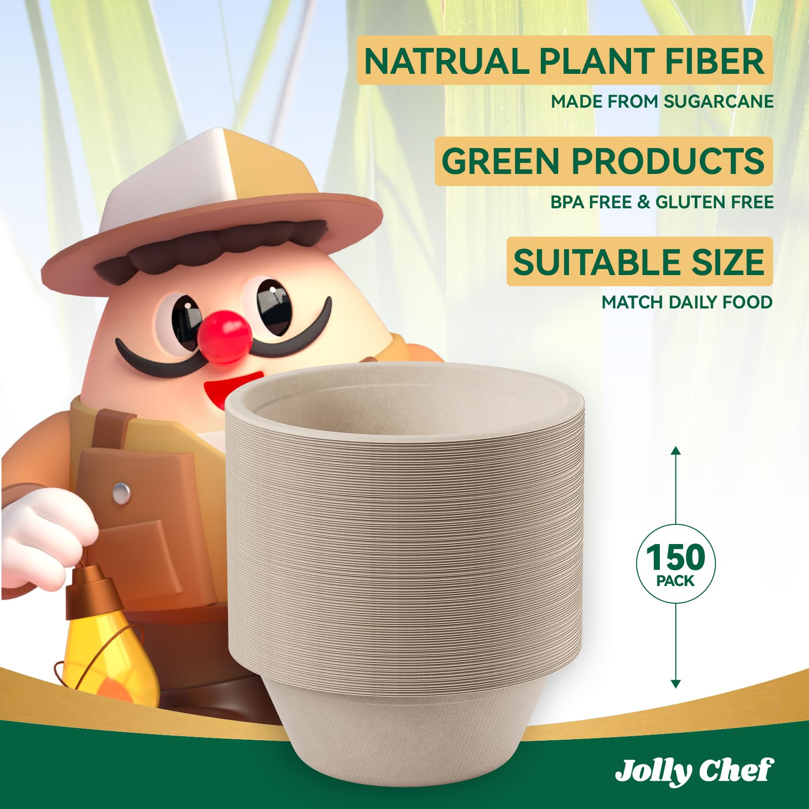 JOLLY CHEF Tazón de papel desechable compostable [16 onzas] recipientes de sopa resistentes [paquete de 150] Bagazo biodegradable, caliente y frío, ecológico, natural, caña de azúcar para microondas
