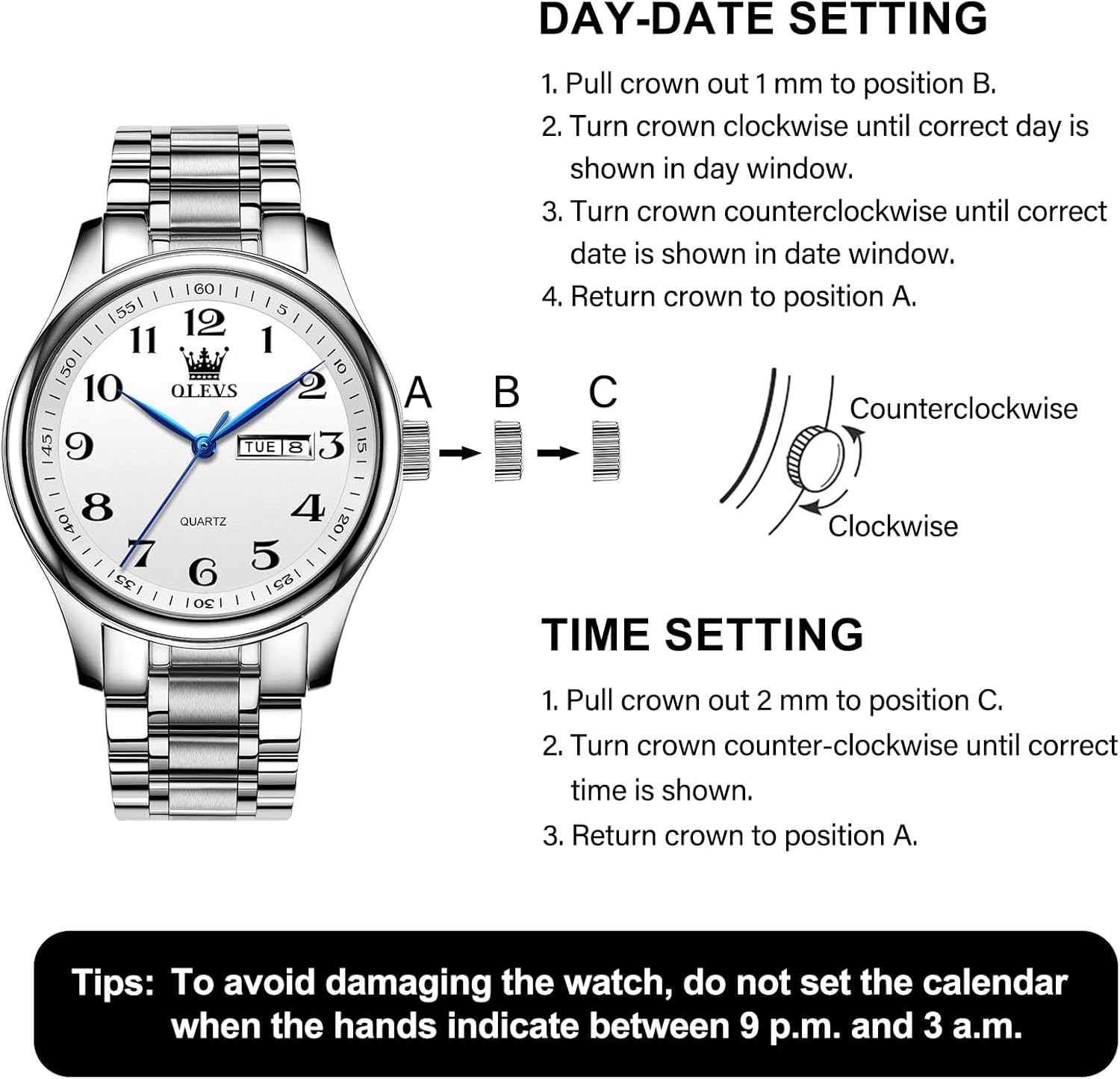 OLEVS Men's Luxury Stainless Steel Watch, Big Face Gold Silver Two Tone Three Hand Analog Quartz Watch, Easy to Read Waterproof Luminous Day Date Wrist Watches for Men