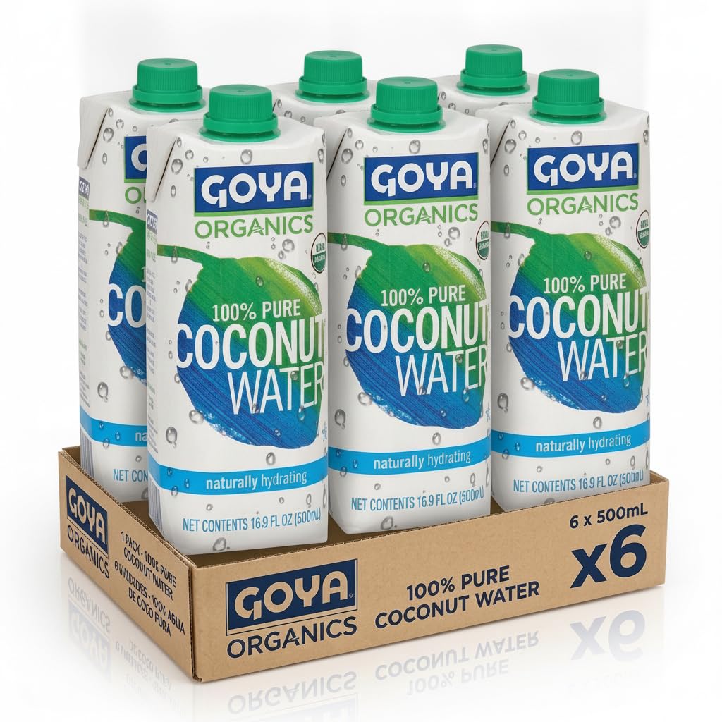 Organics Agua de Coco 100% Pura y Orgánica - Pack de 6 Envases de 500ml - Bebida Hidratante Natural con Electrolitos, Potasio y Vitamina C - Goya - Certificación USDA Organic - NEXU