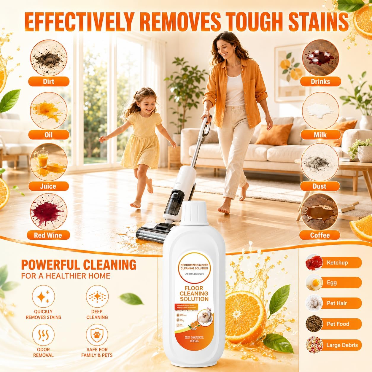 4 Packs Floor Cleaning Solution Compatible with Tineco iFloor & Floor One Cleaner Solution Orange Scented Deep Clean Residue & Streak Free for Multiple Hard Floors, for All Robotic Vacuum Mop Solution
