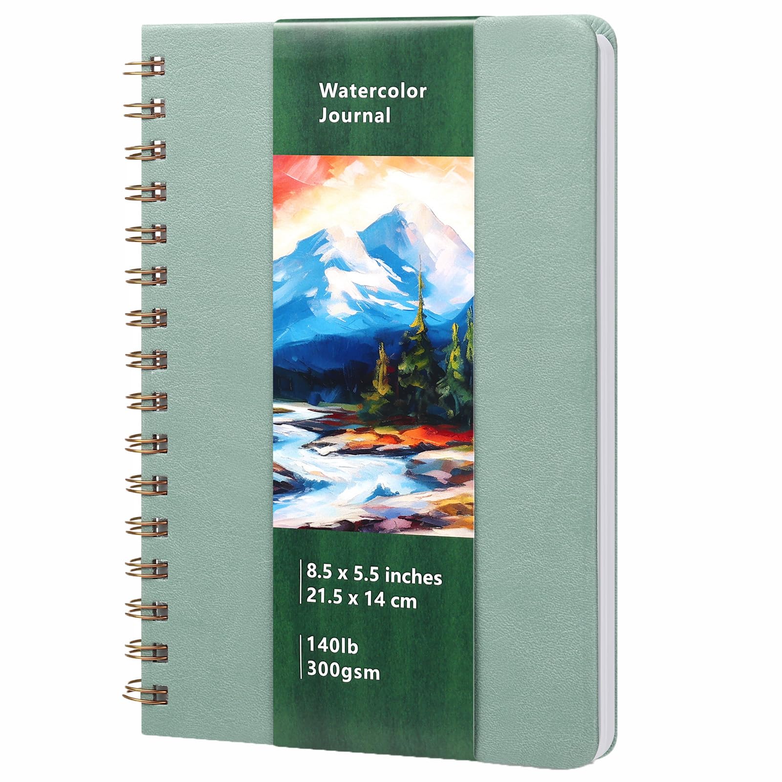 Dispowreath 1 quaderno per schizzi in pelle ad acquerello, 22,5 x 14,9 cm, 63,5 kg, 300 g/m², cotone, stampa a freddo, 24 fogli, 48 pagine blocchi di carta (verde salvia, stile bobina)
