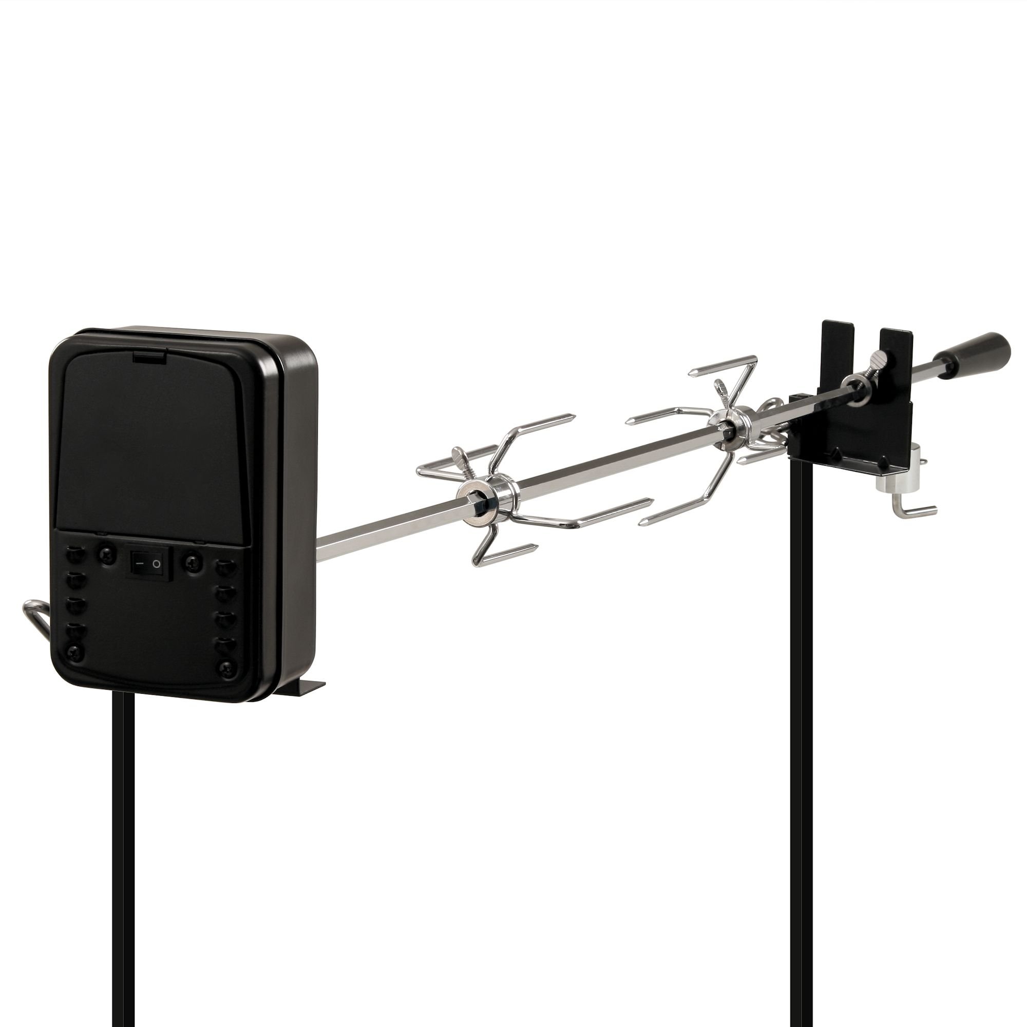 BBQ-TORO Set spiedini per Escursioni, Campeggio, falò e Altro, 90 cm, 2 Aghi per Carne, Motore (con Batteria)