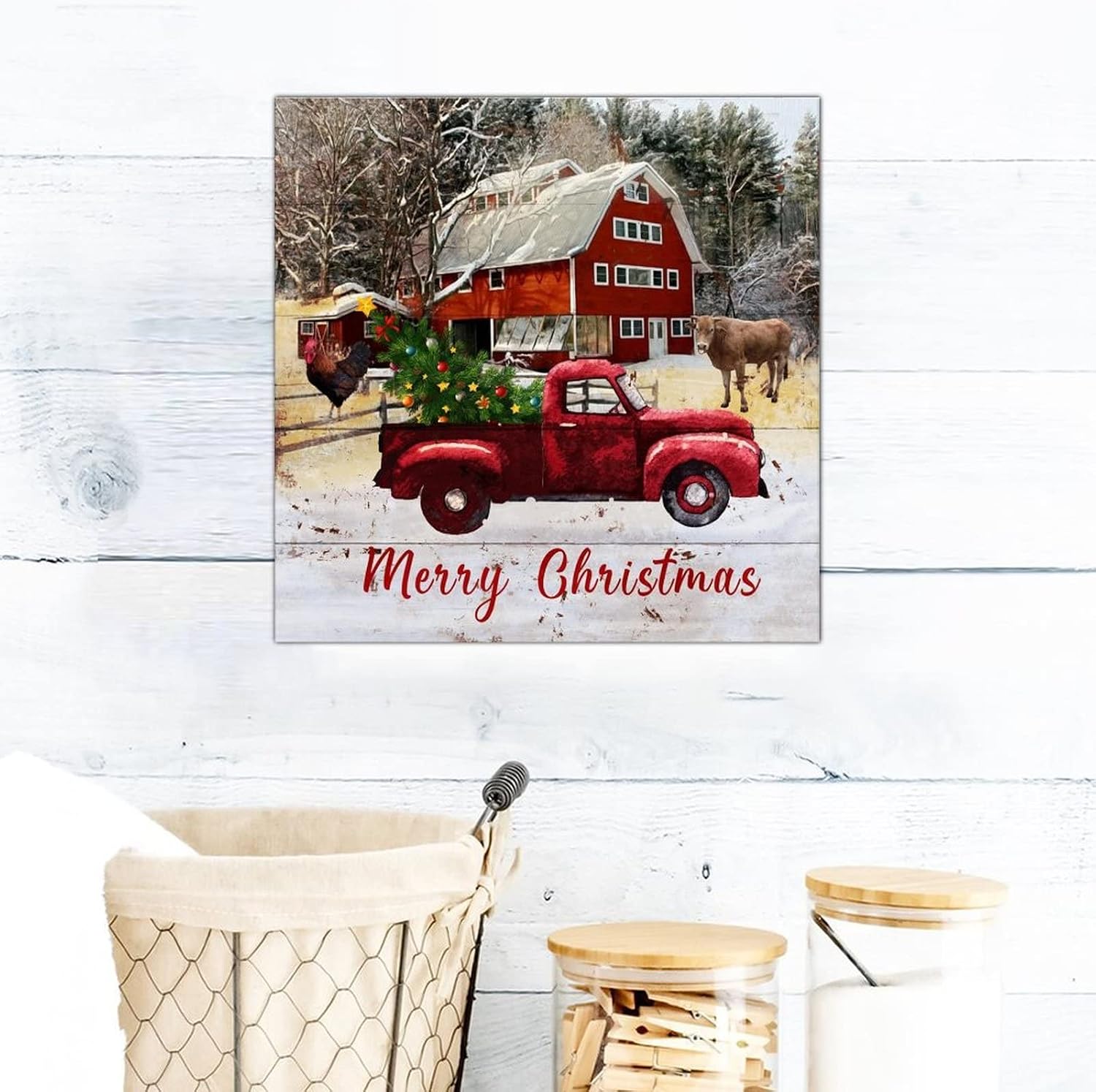 Merry Christmas Farm Barn Wood Signs Rustic Red Truck Rooster Cow Wooden Wall Sign Merry And Bright Wall Decor Farmhouse Rustic Wooden For Home Family Living Room Bedroom Housewarming Gift 16x16in