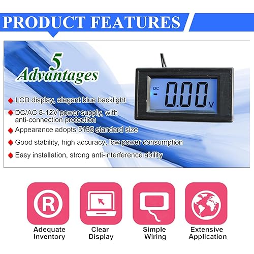 Miniatura 4 de Heyiarbeit Voltímetro DC YB5135D dígito texto negro LED Voltímetro digital Voltímetro 4 cables Conexiones para medición de voltaje CC 1 unids