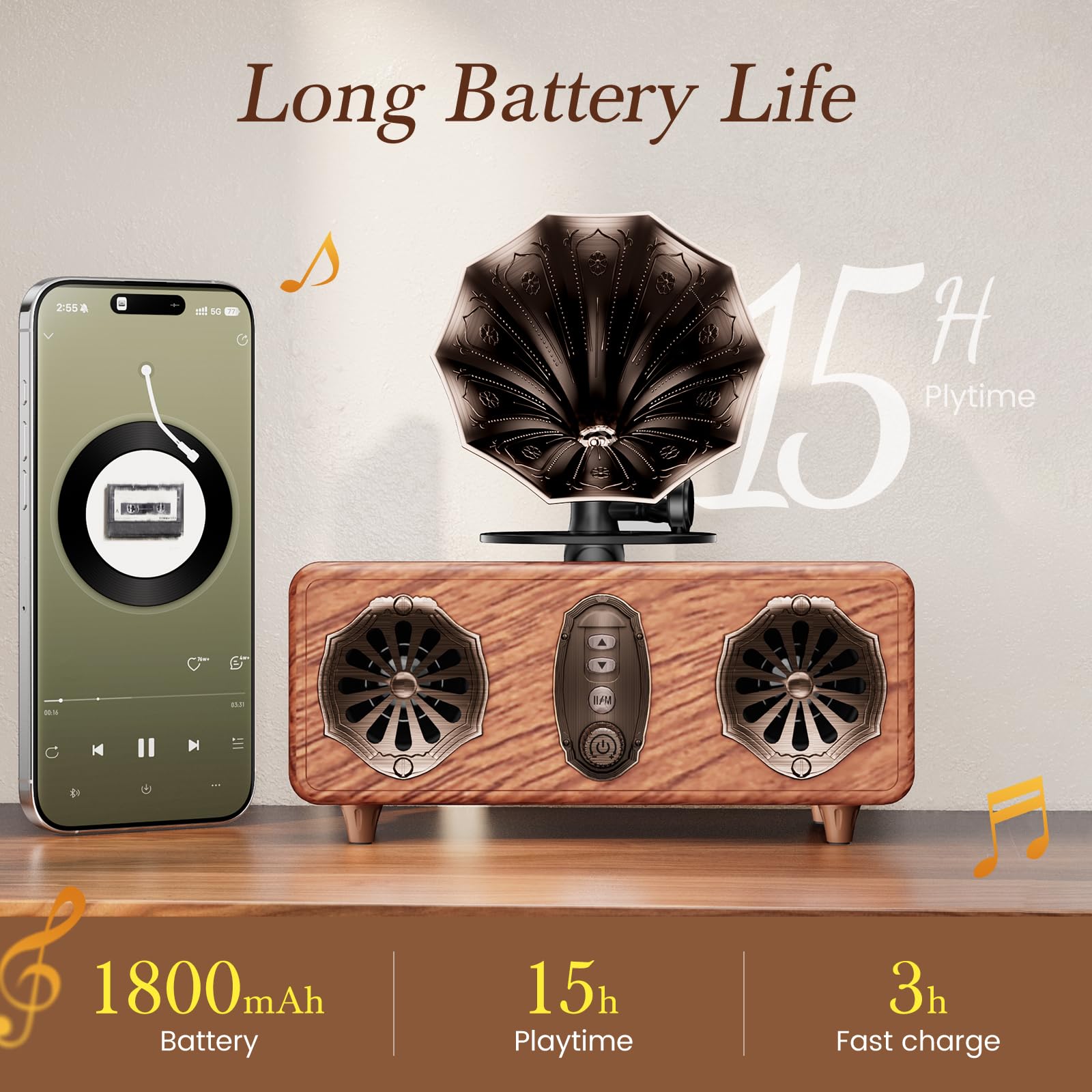FREEFISH Haut-parleur radio rétro Bluetooth, radio FM vintage, haut-parleur 5 W, Bluetooth 5.3, prise en charge carte TF/AUX/USB, batterie 1800 mAh (AS36)
