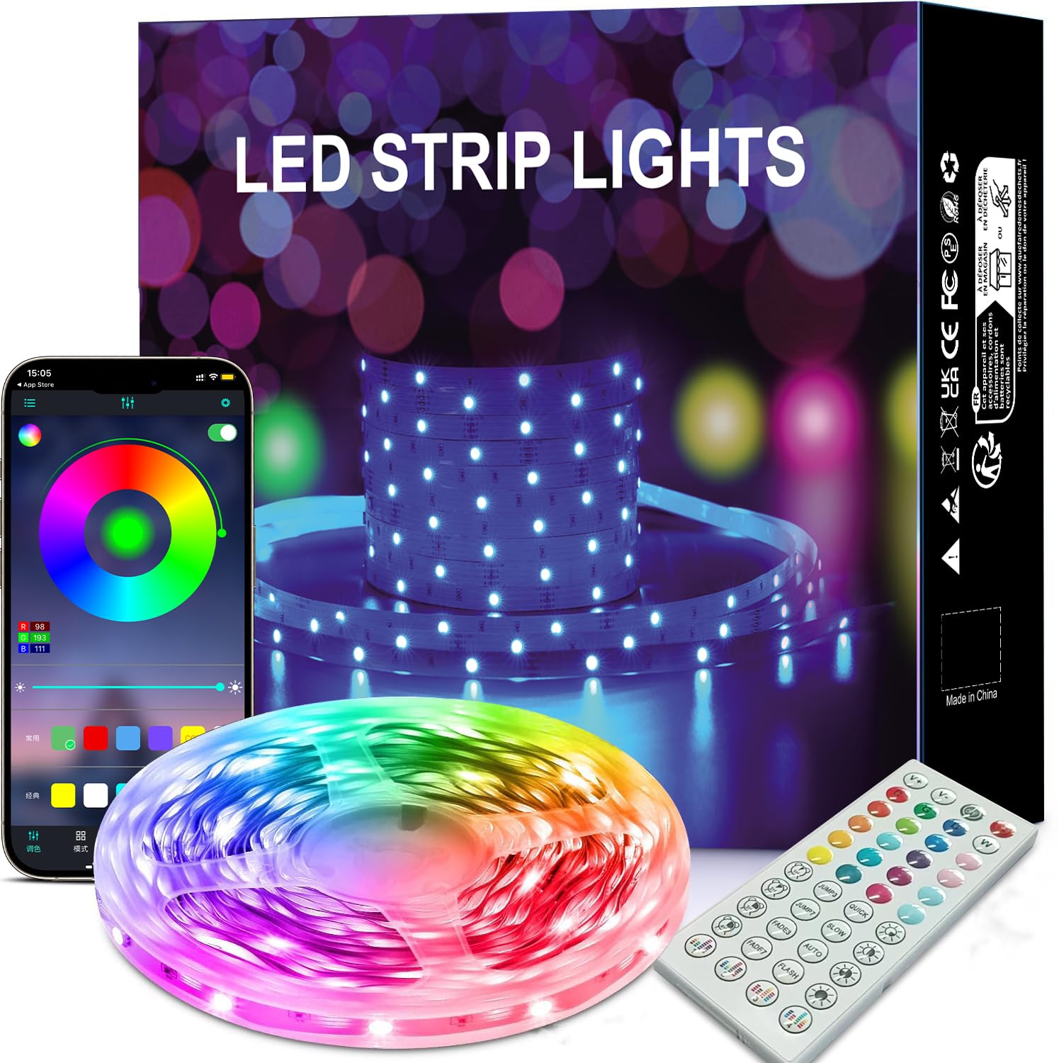 Liwqolx LED Strip Light 15M, Smart Ambient Lights with Bluetooth App & Remote Control, Music Sync Built-in Mic, Flexible Design for Gaming, Ceiling, and Home Decoration