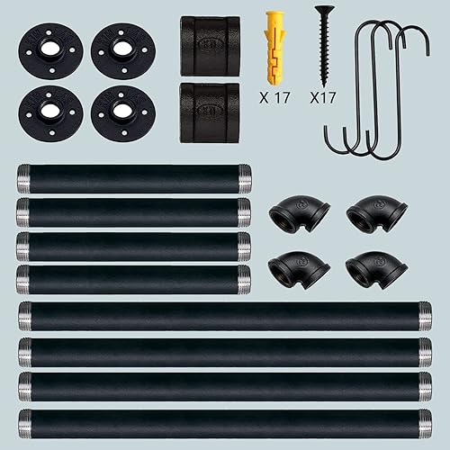 Miniatura 7 de Crehomfy Perchero industrial de tubería con 3 ganchos en forma de S perchero montado en la pared de 36 pulgadas de largo barra de ropa de hierro