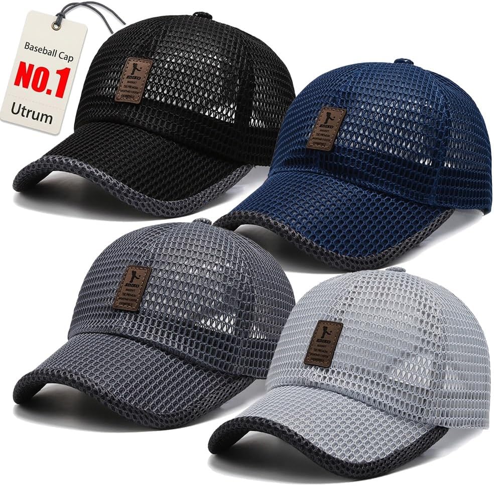 Utrum 4 Pack Lightweight & Breathable Baseball Cap for Summer Mesh Hat Men Women Trucker Golf Running Sports Cool Flat Cold