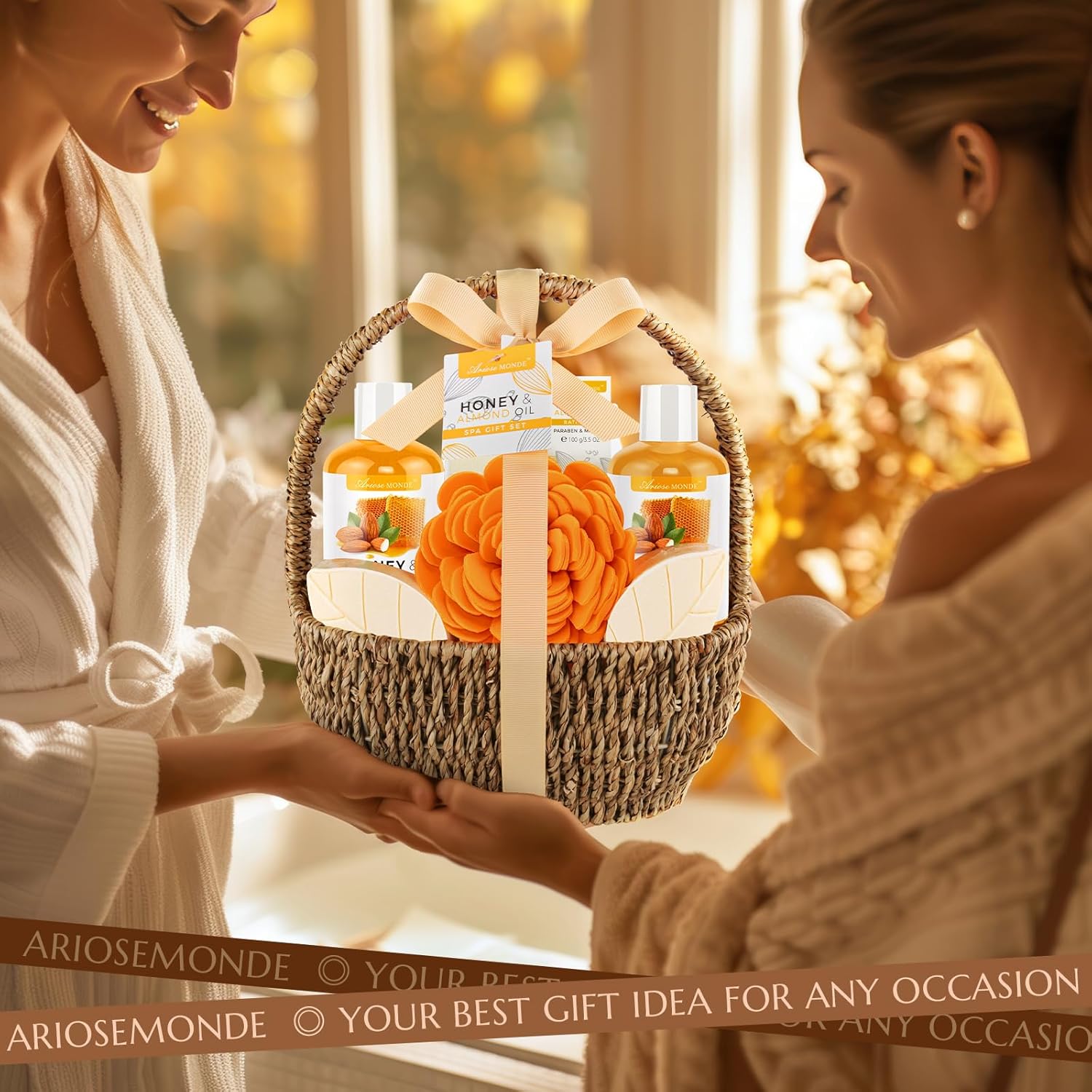 Bath Spa Gift Basket, Bath & Body Gift Set for Women & Men, Includes Shower Gel, Bubble Bath, Bath Salt, Bath Sponge, Spa Gift Box for Mother's Day, Birthday, Wedding, Honey & Almond 8pcs