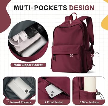 HYC00 School Backpack Womens Secondary Causal Travel High School Bags for Teenage Girls Boys 14 Inch Laptop Backpack Rucksack Bag for Women College Bags Water Resistant Bookbag Work Back Pack,A5-Red