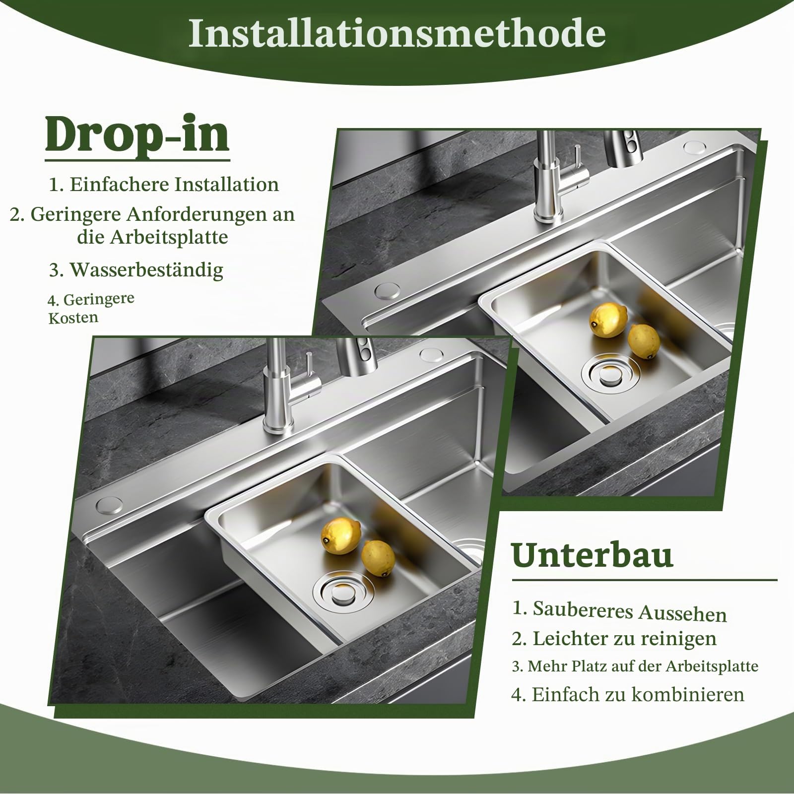 304 Edelstahl-Spüle, 1-Becken Einbauspüle, Gebürstete Küchenspüle, Großes Becken, 60x50cm Tiefe, Handgefertigt, Multifunktionales Spülbecken, Mit Siphon, Ablaufgarnitur