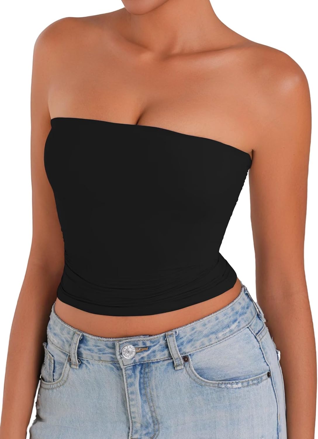 Sunzel Women’s Strapless Sexy Tube Top Double Lined Sleeveless Crop Top Summer Basic Bandeau Tops for Layering or Going Out - Image 4