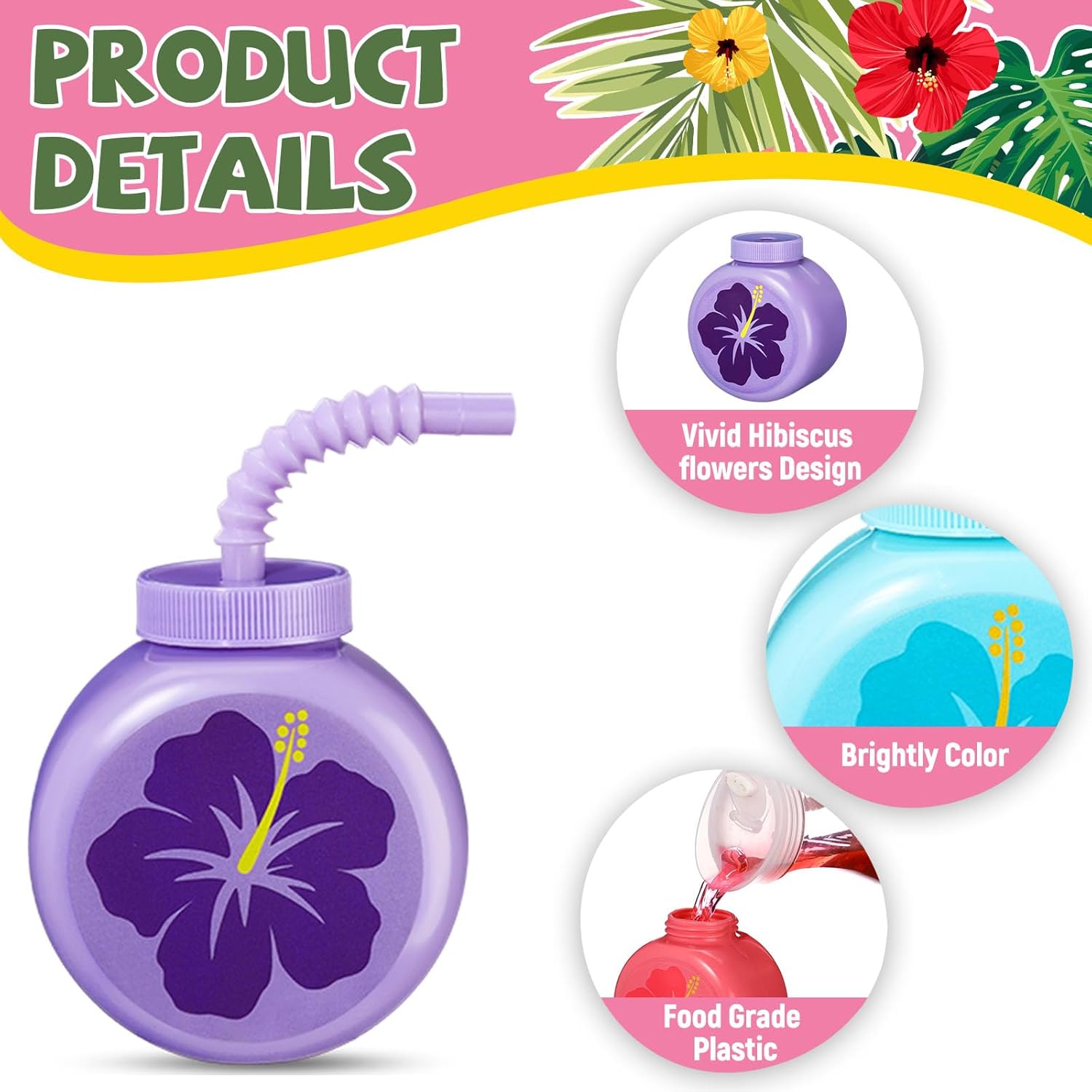 Mifoci 24 Sets Hibiscus Party Favor Cups 10 oz with Straws and Lids Hawaiian Luau Plastic Summer Drink Cups Tropical Flower Shape for Girls Aloha Tiki Beach Birthday Party Supplies, 6 Colors