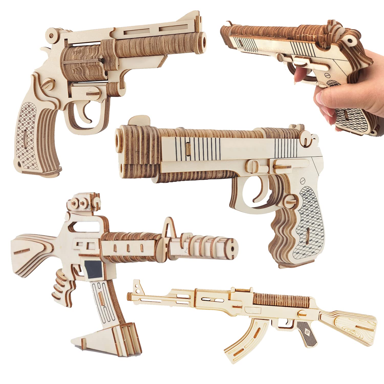 Amazon.co.jp: 4ピース 3D木製銃型パズル DIY組み立てガンパズル 未